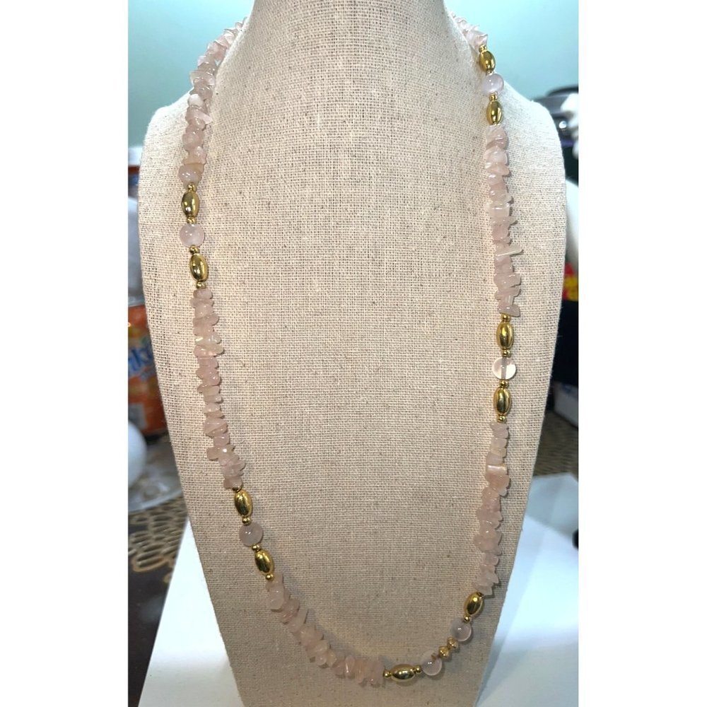 Genuine Rose Quartz And Gold Necklace -- 24"